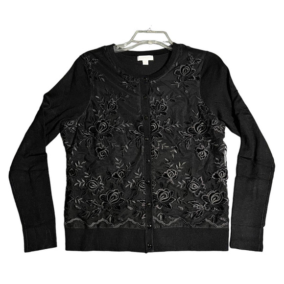 Charter Club Lace Embellished Button Cardigan (Deep Black, M) - Picture 1 of 8